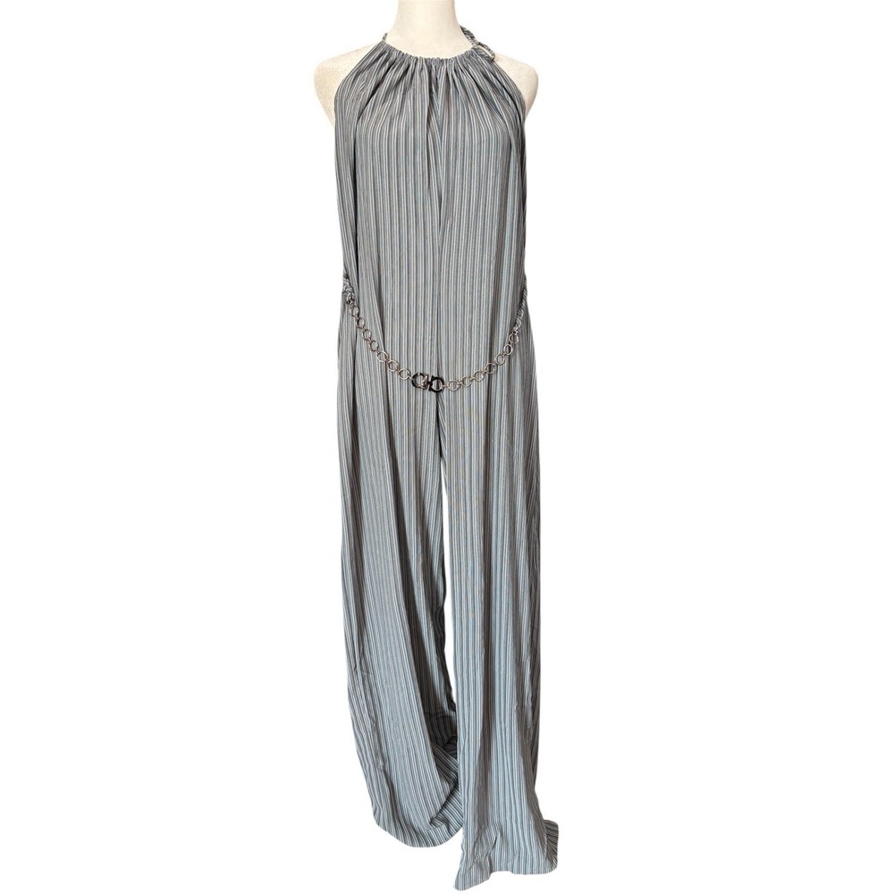 VTG Chesley Jumpsuit Women's 2X Blue Strips‎ Y2K Halter Top Pullover Sleeveless